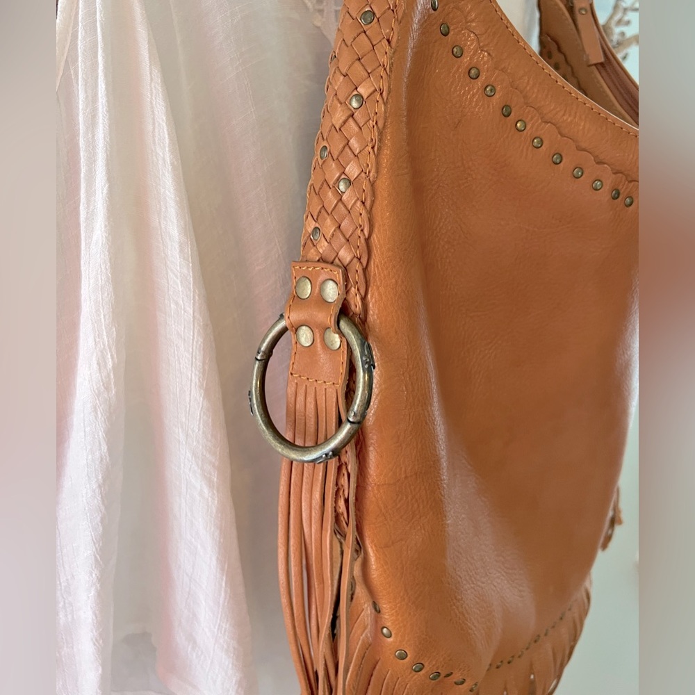 Frye, cognac, fringe & Leather shoulder bag.